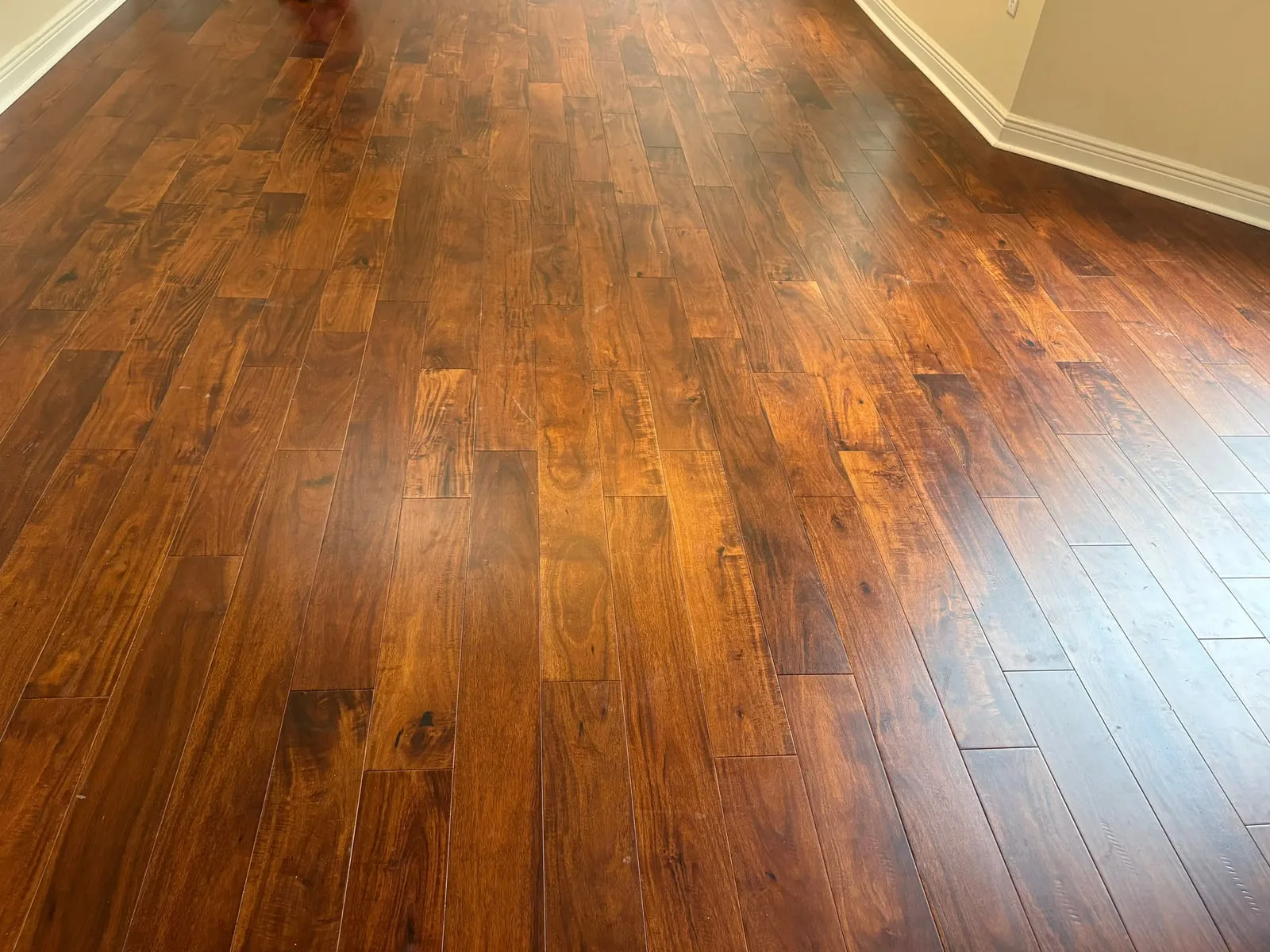 Close-up of a rich brown acacia hardwood floor